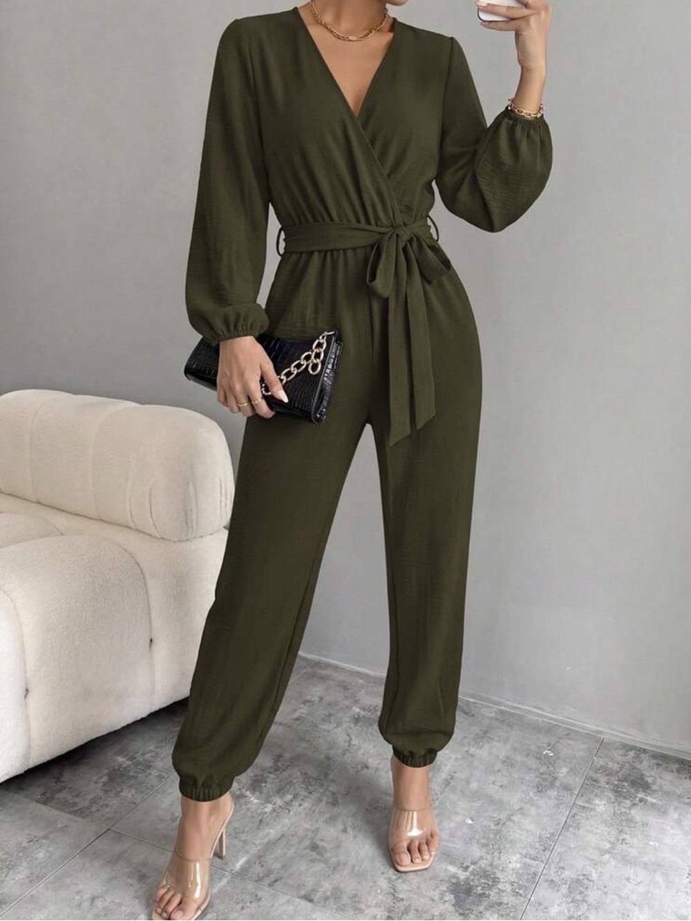 Elegant Army Green  Wrap Jumpsuit with Tie Waist